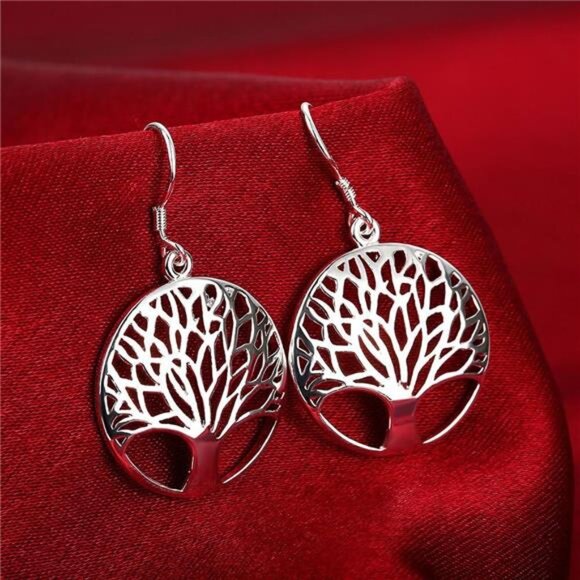 Tree of Life Earrings & Necklace Set - Sterling Silver Plated Drop Dangle Jewelr - Picture 7 of 8